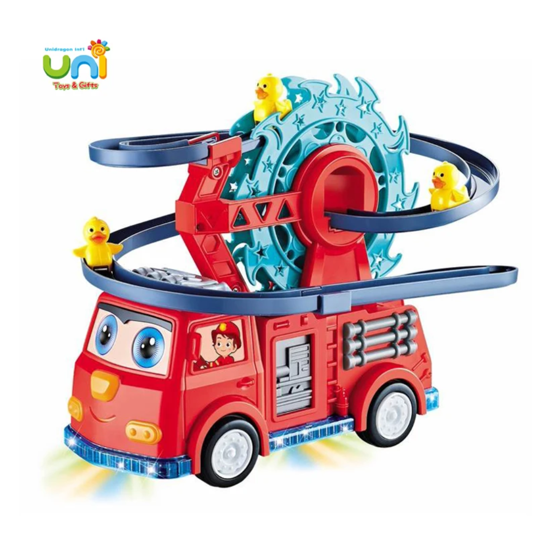 Fire Rail Car Duck Shivel Slide: Fire Truck Duck Track Toy Car-Toy car and duck toy in one toy