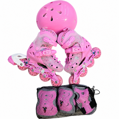 Complete Kids Adjustable Skating Shoes Set | Hardboot Inline Skates with Protective Gear